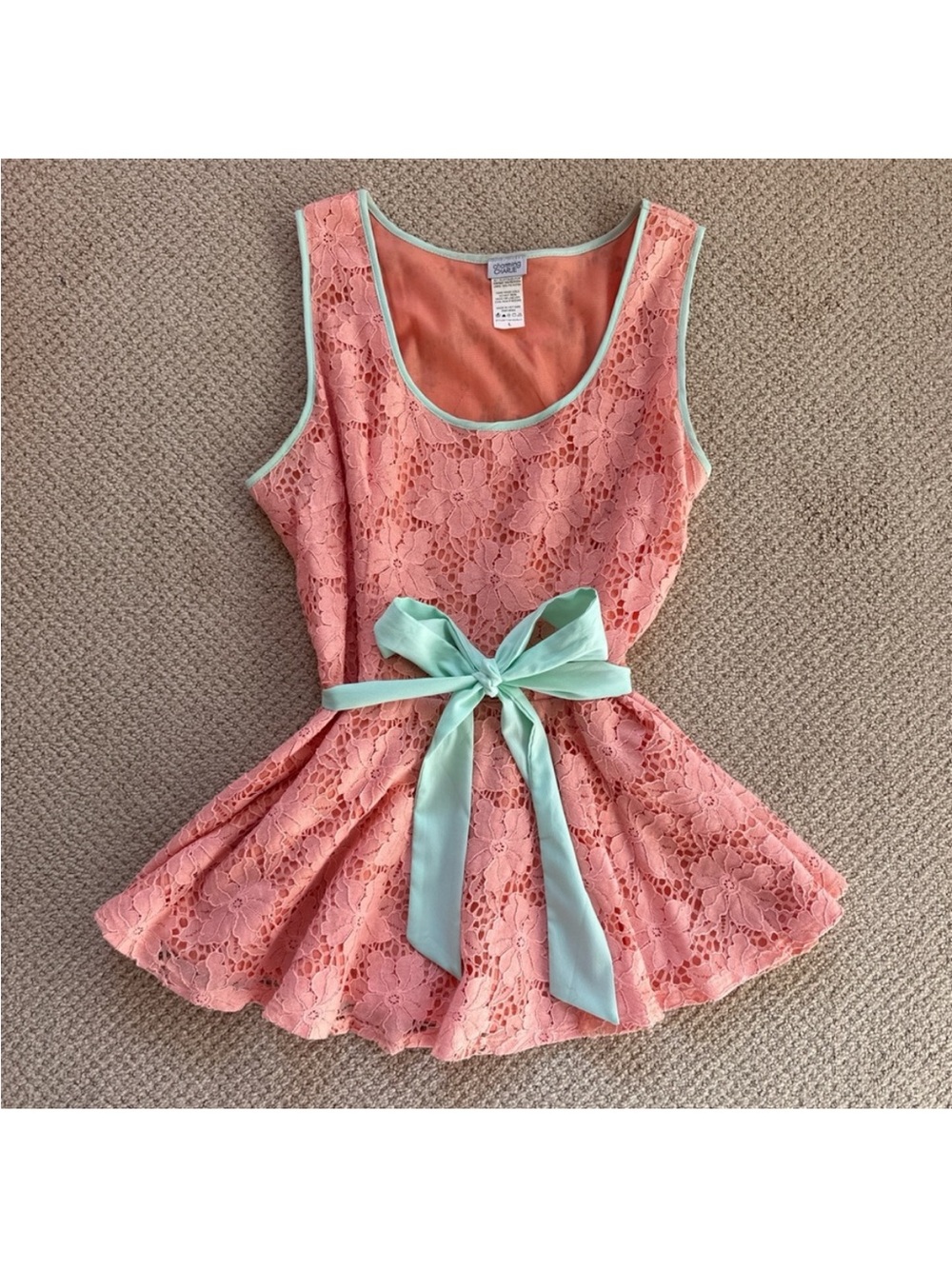 Charming Charlie Coral Pink Lace Peplum Top with Mint Bow